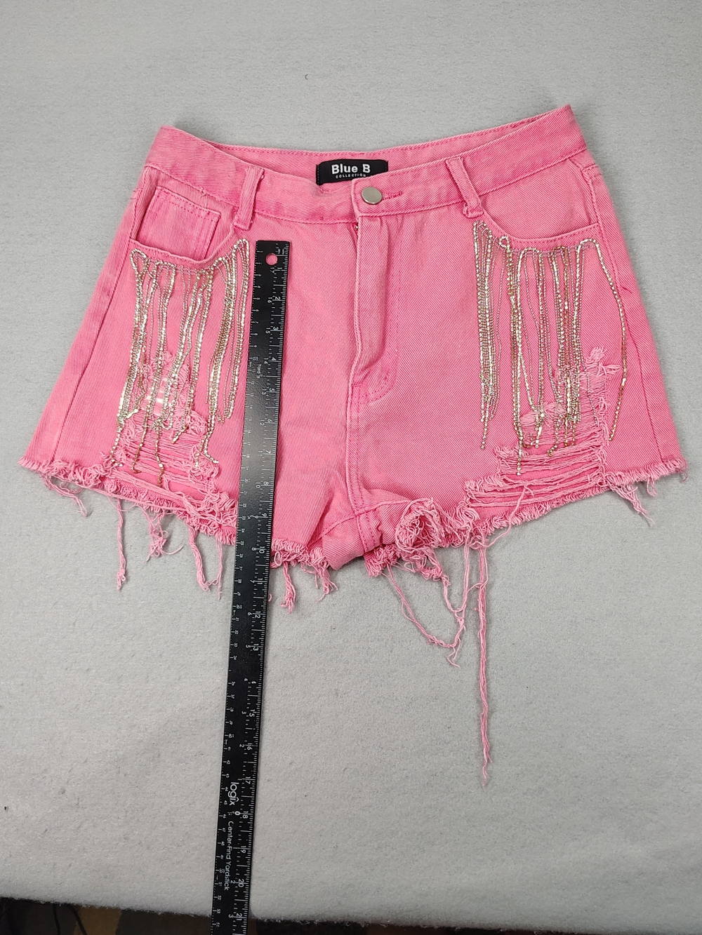 Blue B Collection - Pink Fringe Denim Shorts w/ Rhinestone Chains - Size 0 - Picture 2 of 10